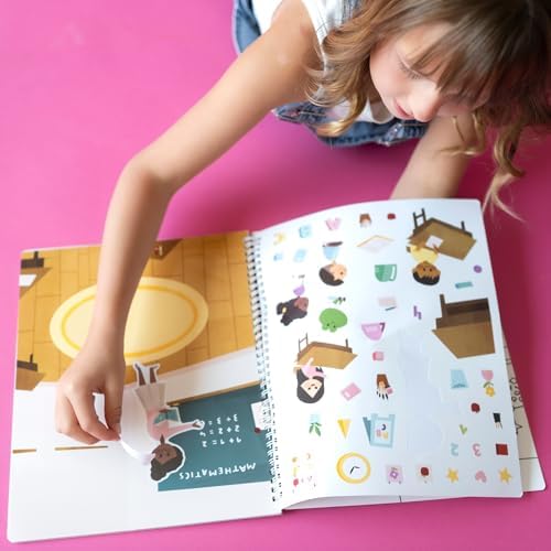 CUPKIN Sticker Book for Kids 2-4, 500+ Kids Stickers, Let's Go to School 12 Coloring Pages 12 Side by Side Scenes, Fun Toddler Travel Activity Coloring and Sticker Books for Ages 4-8 + 8-10