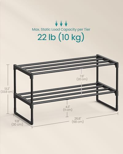 SONGMICS Shoe Rack, 2-Tier Shoe Organizer, Metal Storage Shelf, Upright or Upside Down, for 6-9 Pairs, Stackable, for Entryway, 11.8 x 26.8 x 13.2 Inches, Black ULSA202B01