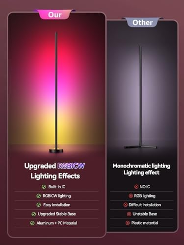 Smart RGBICW LED Corner Floor Lamp - 16 Million DIY Colors, 68+ Scenes, Music Sync, App & Remote Control, Color-Changing Ambient Lighting for Living Rooms, Bedrooms, and Gaming Rooms