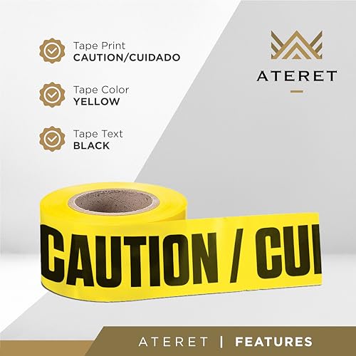 ATERET Premium Yellow Caution Cuidado Tape 12-Pack 3 inch x 1000 feet, Hazard Safety Tape, Construction Tape for Danger/Hazardous Area, Ideal Use for Halloween Decorations, Party, Work-Site