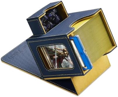 Card Deck Box for MTG Commander - Patented Design, Commander Display, Fits 100 Double-Sleeved Cards, 35pt Card Brick & Dice Tray - Blue/Yellow
