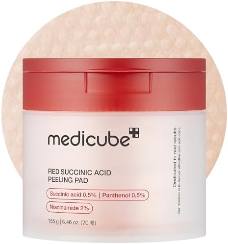 Medicube Red Succinic Acid Panthenol Facial Peeling Pads - Exfoliating Toner Pads for Breakout-Prone Skin with Niacinamide, AHA, BHA, and Soothing Panthenol - Non-Comedogenic