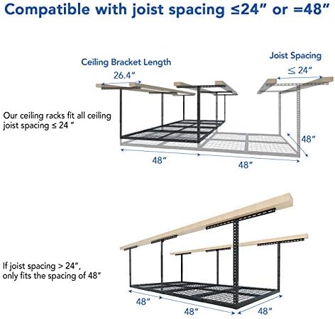 FLEXIMOUNTS 4x8 Overhead Garage Storage Rack, Adjustable Garage Storage Organization Systerm, Heavy Duty Metal Garage Ceiling Storage Racks, 600lbs Weight Capacity, Black