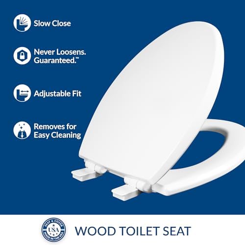 Mayfair Cassel Slow Close Toilet Seat, Easy Clean, Non Slip Premium Wood Seat, Easy Install, Made in USA, Elongated, White