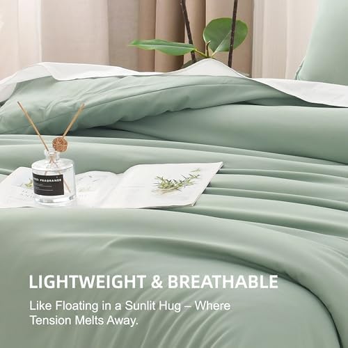 Litanika Queen Comforter Set Sage Green, 3 Pieces Lightweight Comforters Queen Size Solid Bedding Comforters Sets, Down Alternative Comforter Bed Set Quilt Blanket