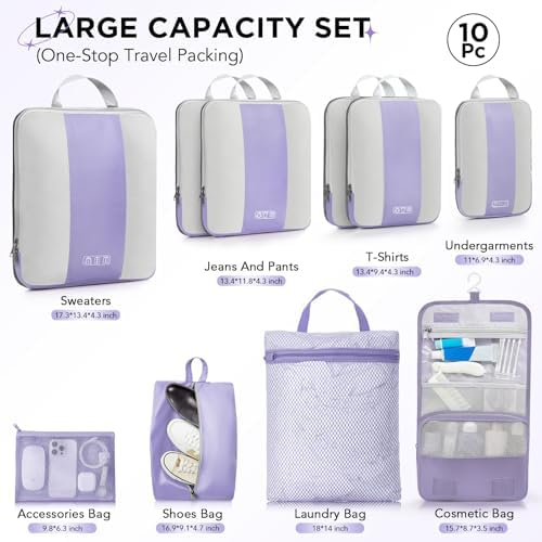 10 Set Compression Packing Cubes for Travel Essentials,Compressible Expandable Packing Cubes for Suitcase,OlarHike Luggage Organizer Bags for Travel,Handy Helper for Organizing Clothes(Purple Gray)