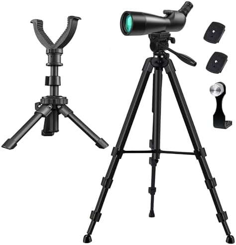 Spotting Scope Tripod, Shooting Tripod and Compact Shooting Stand Rest Hunting V Yoke, with Binoculars Adapter and Removable 360° Rotate Fluid Head, Perfect for Binoculars, Spotting Scope, Shooting