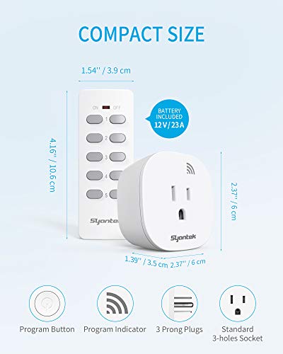 Remote Control Outlet Wireless Light Switch for Household Appliances, Expandable Remote Light Switch Kit, Up to 100 ft Range, FCC Certified, ETL Listed, White (5 Outlets + 2 Remotes)