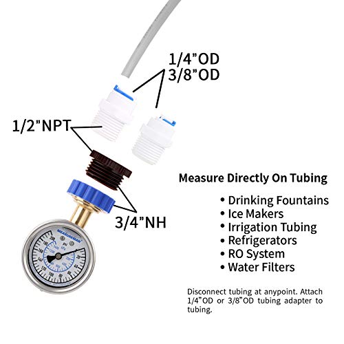 MEASUREMAN 2-1/2" Water Pressure Gauge Kit 6 Parts Kit, Lead-Free Brass, 2-1/2" dial, 0-200 Psi,Glycerin Filled,3/4" Hose Thread, Plus 5 Adapters