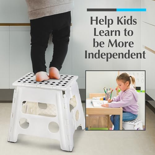 Handy Laundry Folding Lightweight Step Stool - Sturdy Enough to Support Adults and Safe Enough for Kids - Opens Easy with One Flip - Great for Kitchen, Bathroom or Bedroom (White - 13 inch)