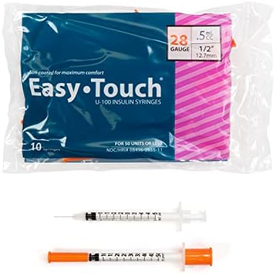 Easy Touch U-100 Insulin Syringe with Needle, 28G 0.5cc 1/2-Inch (12.7mm), Box of 100