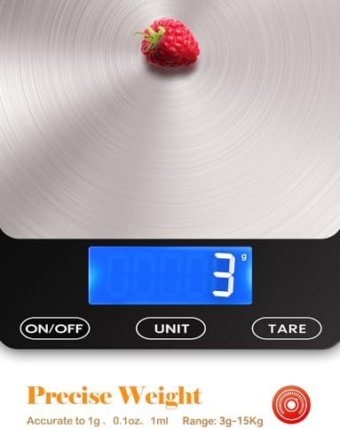 Food Scale -33lb Digital Kitchen Scale for Food Ounces Grams Rechargeable 304 Stainless Steel,Batteries and Type-C Charging | Perfect for Meal Prep, Cooking, and Baking, Black