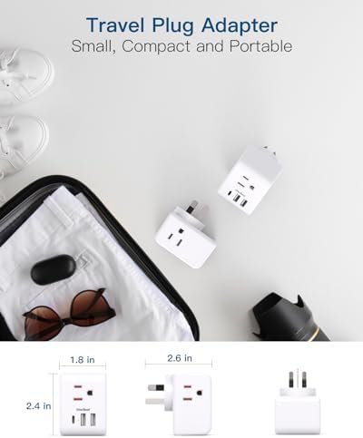 2 Pack Australia New Zealand Power Plug Adapter, Australia Travel Adapter with 3 American Outlets 3 USB Charging Ports (1 USB C), Type I Plug Adapter for US to Australia, Argentina, China