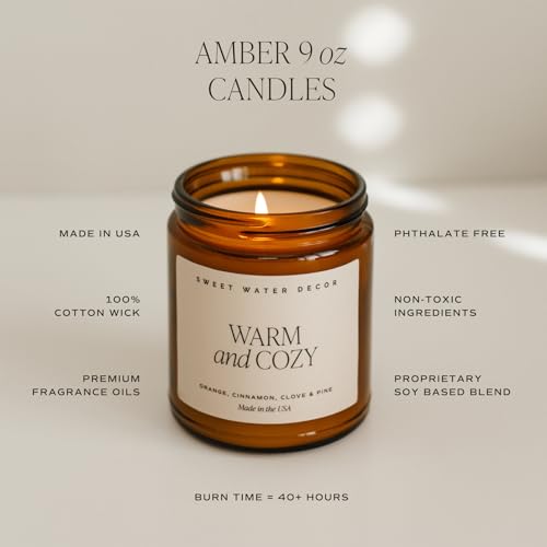 Sweet Water Decor Hello Fall Soy Candles - Fall Candle with Hot Cider, Cinnamon, Cloves, and Nutmeg Scent for Home - Soy Candle with 40 Hours Burn Time - 9Oz Black Lid Amber Jar Candles Fall Scents