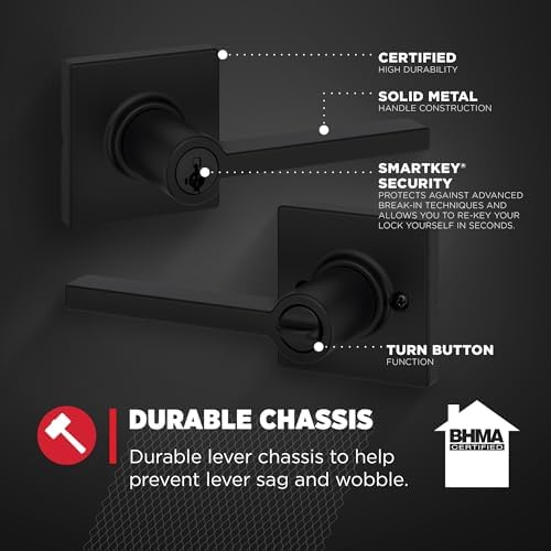 Kwikset Casey Entry Door Handle with Lock and Key, Secure Keyed Reversible Lever Exterior, For Front Entrance and Bedrooms, Matte Black , Pick Resistant Smartkey Rekey Security and Microban