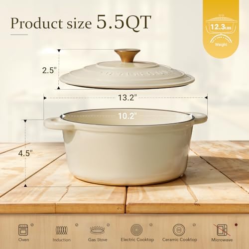 Overmont Enameled Cast Iron Dutch Oven - 5.5QT Pot with Lid Cookbook & Cotton Potholders - Heavy-Duty Cookware for Braising, Stews, Roasting, Bread Baking white