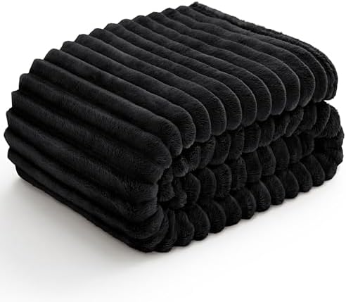 BEDELITE Fleece Throw Blanket for Couch - 300GSM Soft & Warm Fluffy Black Blanket, Decorative and Giftable Striped Blankets for Women, Men, 50"x60"