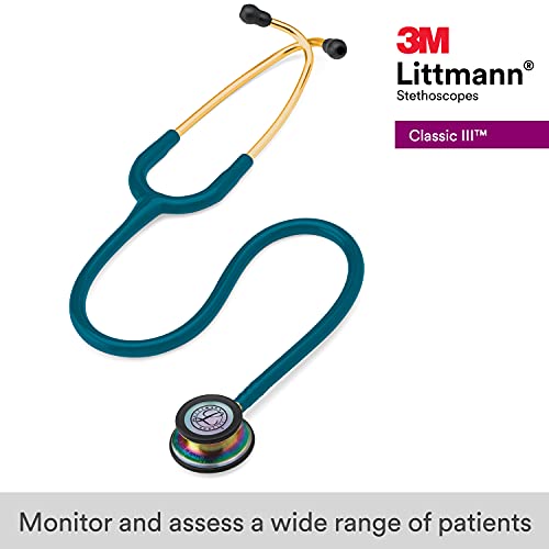 3M Littmann Classic III Monitoring Stethoscope, 5807, More Than 2X as Loud, Weighs Less, Stainless Steel Rainbow-Finish Chestpiece, 27" Caribbean Blue Tube, Brass Stem and Headset