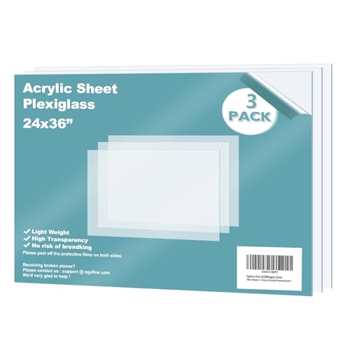 Egofine Plexiglass Sheets Acrylic Sheets 3 Pack of 24x36’’ 0.04 Thick Clear Plastic Cast Transparent Plexi Glass for Crafting Projects, Replacement Picture Frame Glass, DIY Display, Easy to Cut