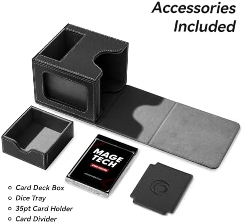 Card Deck Box for MTG Commander - Patented Design, Commander Display, Fits 100 Double-Sleeved Cards, 35pt Card Brick & Dice Tray - Black/Gray