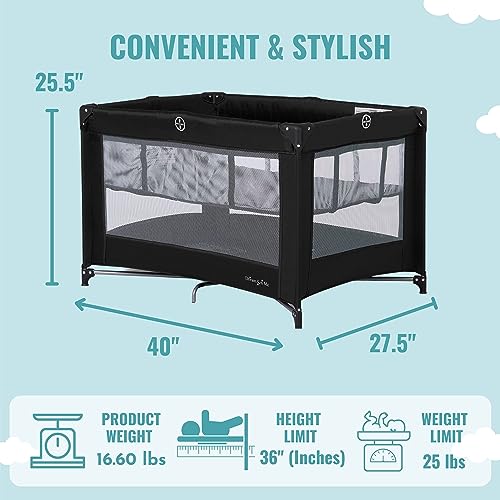 Dream On Me Zazzy Portable Playard with Bassinet in Black, Lightweight Packable and Easy Setup Baby Playard with Mattress and Travel Bag