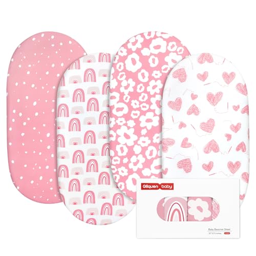 Gllquen Baby Bassinet Sheets 4 Pack, Breathable Cozy Fitted Mattress Sheet, Elastic Travel Crib Fashionable Floral Pattern, Standard Cradle Safe Sheets for Baby Boys Girls 32"x16"(Love)