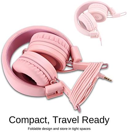 noot products Kids Headphones K11 Foldable Stereo Tangle-Free 5ft Long Cord 3.5mm Jack Plug in Wired On-Ear Headset for iPad/Girls/Boys/School/Laptop/Travel/Plane/Tablet-Soft Pink