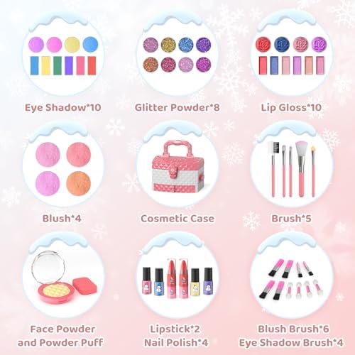 PERRYHOME Kids Makeup Set for Girl 56 Pcs Washable Real Cosmetic, Non-Toxic Frozen Toys Toddler Makeup Kit, Princess Dress up Christmas & Birthday Girl Gift for 3 4 5 6 7 8 9 10 11 12 Year Old Girls
