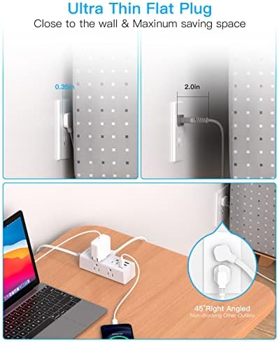 One Beat 10Ft Extension Cord with Multiple Outlets,Flat Plug Power Strip Surge Protector with 10 Ft Long Cord,6 Outlet 3 USB Ports (1USB C),Multi Outlet Wall Plug for Travel,College,Dorm Essentials