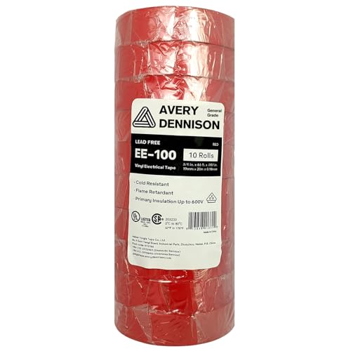 Electrical Tape, 10 Rolls General Use PVC Electric Tape, UL/CSA Listed ¾ in x 66 ft Insulating Vinyl Tape for Electrical, Repairs, Automotive and Equipment, EE-100, Red