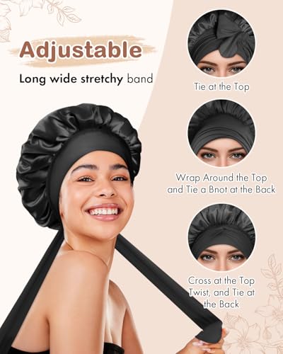 Bonnet Queen 2Pcs Pack Satin Bonnet Silk Bonnet for Sleeping Hair Bonnet with Tie Band Sleep Bonnet Night Cap for Women Curly Hair
