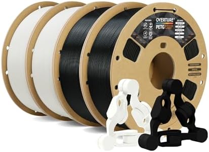 OVERTURE 4KG Bundle PETG 3D Printer Filament 1.75mm, Neatly Wound Durable PETG 4 Pack 1kg(2.2lbs), Strong Toughness Filament, Dimensional Accuracy +/- 0.02mm, Fit Most FDM Printers (Black*2+White*2)