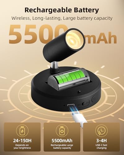 EZVALO Spotlights Indoor with Remote, 5500mAh Rechargeable Picture Lights, Wireless LED Uplighting with Timer&Dimmable, 3CCT, Display Lights for Plant Painting, Artwork, Accent Lighting (2Pack-Black)