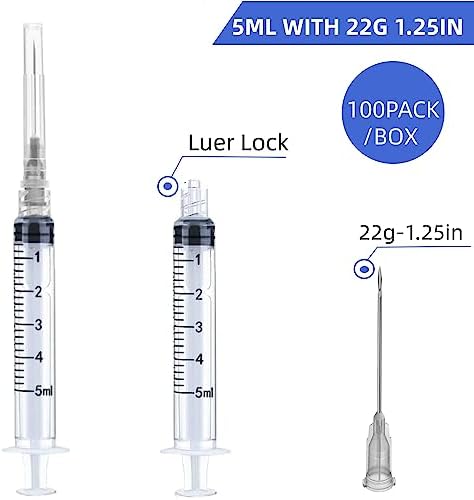 100 Pack Disposable 5ml/cc Lab Syringes with 22Ga 1.25 Inch Needle Luer Lock, Individually Sealed Packed