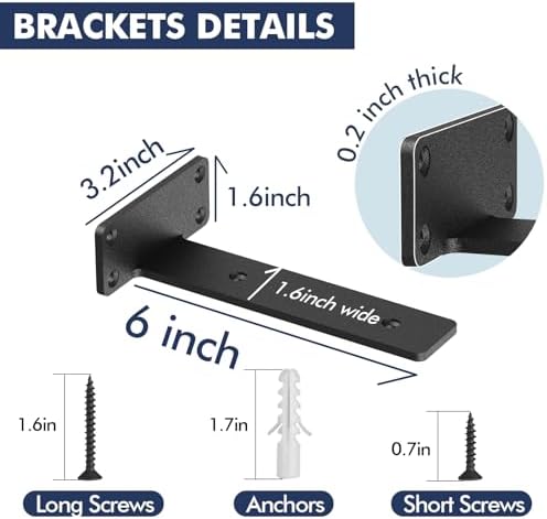 6 Pack Floating Shelf Brackets, 6 Inch Heavy Duty Industrial Shelf Bracket, Black Metal L Brackets for Shelves Support DIY(1/5 Inch Thicked)