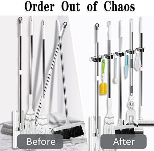 AceMining 5 Racks and 4 Hooks Mop and Broom Holder Wall Mount, Broom Organizer Storage Tool Racks Stainless Steel Heavy Duty Hooks Self Adhesive Solid Non-slip for Home Kitchen Garden Laundry Garage