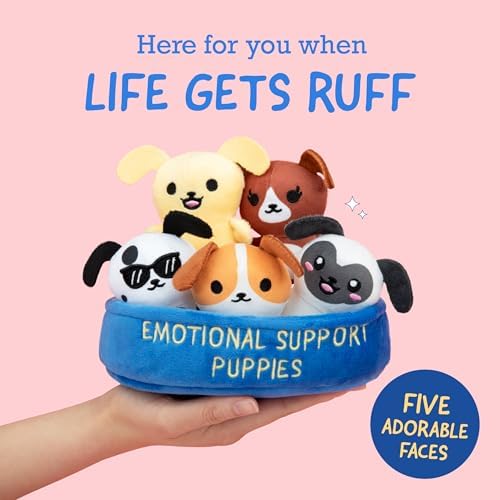 WHAT DO YOU MEME? Emotional Support Puppies by Relatable, Cuddly Stuffed Animals, Plushies, and Cute Stuff, Great Gift Ideas for Loved Ones of All Ages, Includes 5 Plushies with Carrying Basket