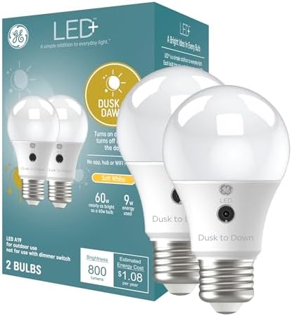 GE LED+ A19 Dusk to Dawn LED Light Bulbs, Automatic On/Off Outdoor Security Light, Soft White (2 Pack)