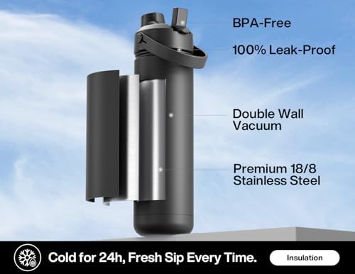 26 oz Insulated Water Bottle with 2-in-1 Straw and Spout Lid, Keep Cold 24H, Leak-Proof, Fits in Car Cup Holder, Stainless Steel Water Bottle for Sports, Travel, and School (Dark Knight)