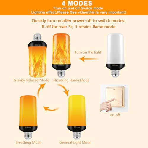 Bitrue LED Flame Effect Light Bulb, 4 Modes Flame Light Bulbs, E26 Base Fire Light Bulb with Gravity Sensor,Flickering Light Bulbs Halloween Home Party(4 Pack)
