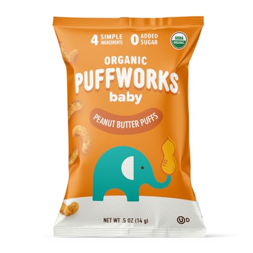 Puffworks Baby Organic Peanut Butter Puffs, Perfect for Early Peanut Introduction, Plant-Based Protein, USDA Organic, Gluten-Free, Vegan, Non-GMO, Kosher, 0.5 Ounce (Pack of 12)