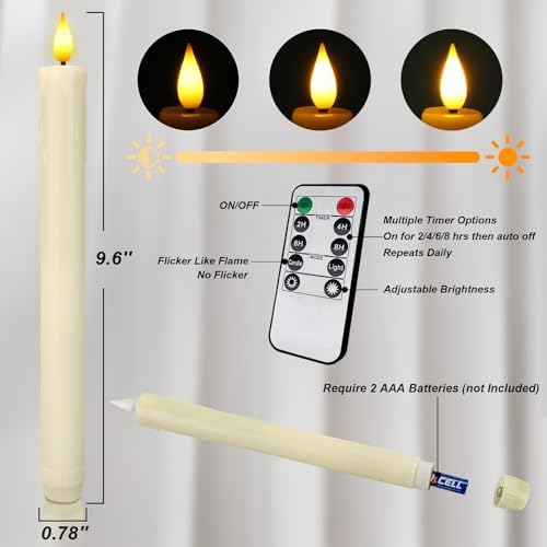 Homemory Real Wax LED Flameless Taper Candles with Remote Timer, 9.6 Inches Ivory Fake Candlesticks, Dripless Battery Operated Window Candle with 3D Flickering Flame for Fireplace Xmas Halloween