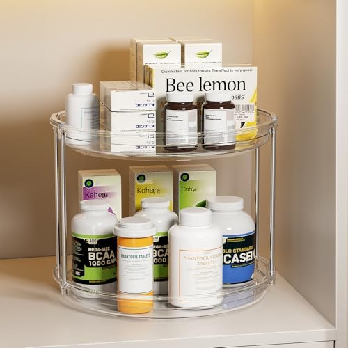 LAMU 2 Pack 2 Tier Lazy Susan Turntable Organizer 9.25'' Rotating Spice Rack Organization for Cabinet, Kitchen, Pantry, Countertop, Bathroom, Vanity, Medicine Cabinet Organizer, Clear