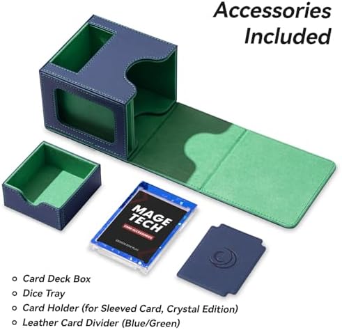 Card Deck Box for MTG Commander - Patented Design, Commander Display, Fits 100 Double-Sleeved Cards, 35pt Card Brick & Dice Tray - Blue/Green