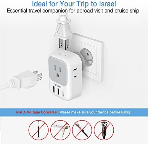 TESSAN Israel Power Adapter, US to Israel Plug Adapter with 4 American Outlets 3 USB Charger (1 USB C Port), Type H Travel Adaptor for USA to Jerusalem
