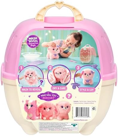 SCRUFFALUVS Pet Scruffs Pink - Mystery Plush Toy, 7.5" Tall - Wash to Reveal 1 of 3 Rescue Pets: Puppy, Bunny, or Kitty - Includes 8.7" Deluxe Pet Carrier - Styles May Vary