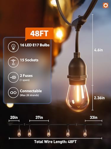 addlon LED Outdoor String Lights 48FT with Edison Vintage Shatterproof Bulbs and Commercial Grade Weatherproof Strand - ETL Listed Decorative Lights for Patio Garden