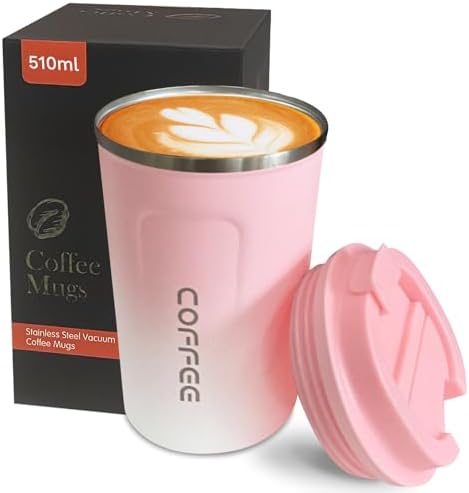YINBAOGE Insulated Travel Coffee Mug Spill Proof Leak Proof Pobtable To Go Camping Stainless Steel Coffee Tumbler Reusable Coffee Cups with Lids Thermos for Hot and Cold Drink (2nd-Pink White, 17 OZ)