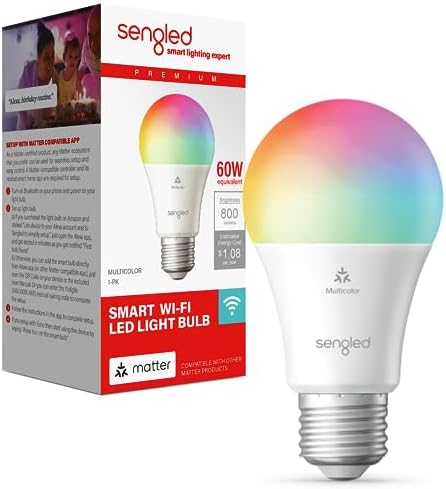 Sengled LED Smart Light Bulb (A19), Matter-Enabled, Multicolor, Works with Alexa, 60W Equivalent, 800LM, Instant Pairing, 2.4 GHz, Wi-Fi, 1-Pack