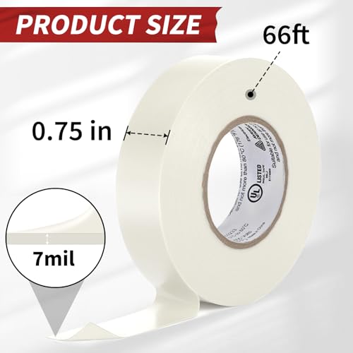 Electrical Tape, 10 Rolls Professional Grade PVC Electric Tape, UL/CSA Listed ¾ in x 66 ft Insulating Vinyl Tape for Electrical, Repairs, Automotive and Equipment, Pro-36C, White